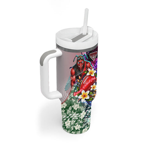 Personalized Essendon Football Bombers Tumbler With Handle Tropical Hibiscus Flowers - Pacific Fusion Style
