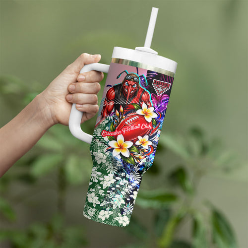 Personalized Essendon Football Bombers Tumbler With Handle Tropical Hibiscus Flowers - Pacific Fusion Style