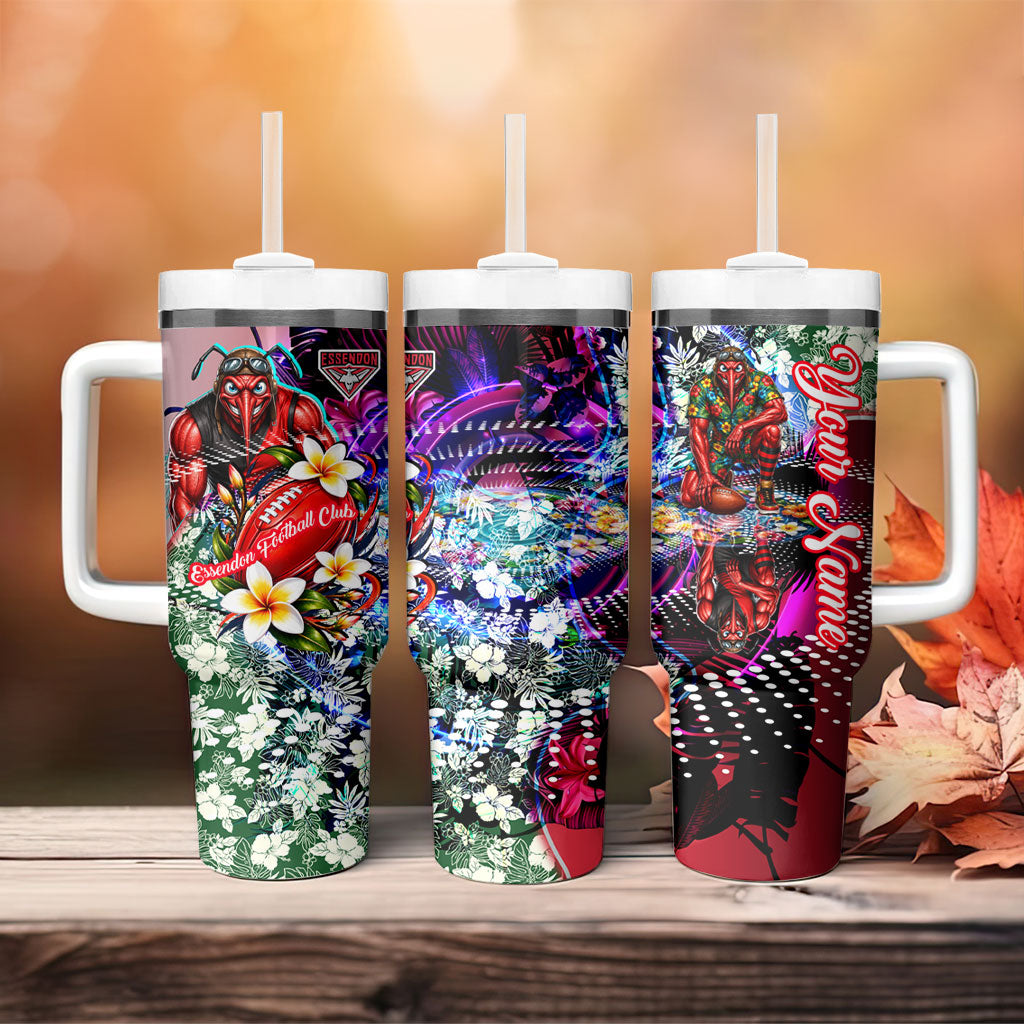 Personalized Essendon Football Bombers Tumbler With Handle Tropical Hibiscus Flowers - Pacific Fusion Style