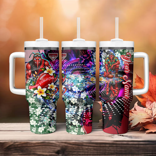Personalized Essendon Football Bombers Tumbler With Handle Tropical Hibiscus Flowers - Pacific Fusion Style