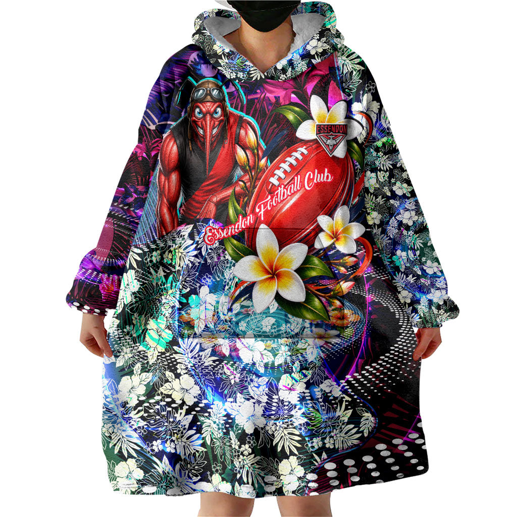 Personalized Essendon Football Bombers Wearable Blanket Hoodie Tropical Hibiscus Flowers - Pacific Fusion Style