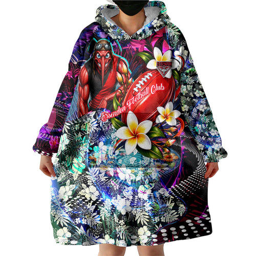 Personalized Essendon Football Bombers Wearable Blanket Hoodie Tropical Hibiscus Flowers - Pacific Fusion Style