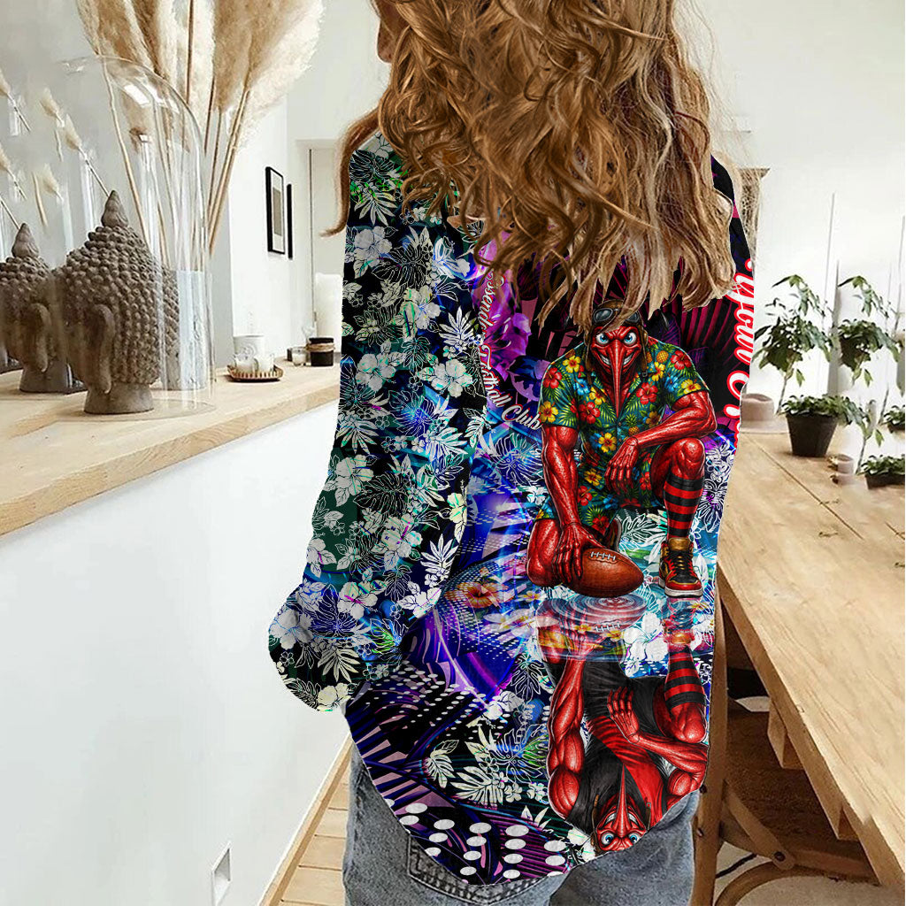 Personalized Essendon Football Bombers Women Casual Shirt Tropical Hibiscus Flowers - Pacific Fusion Style