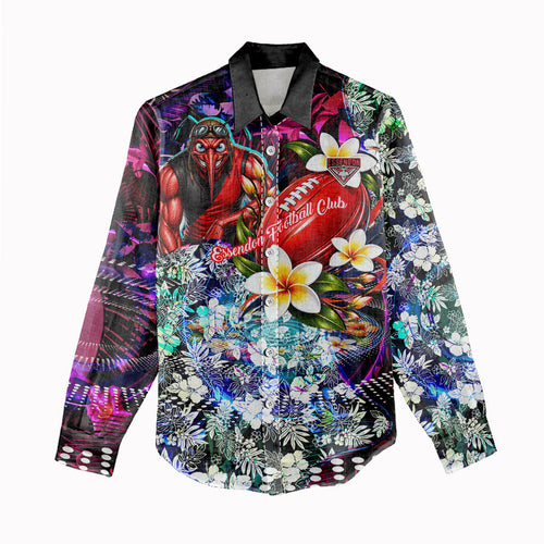 Personalized Essendon Football Bombers Women Casual Shirt Tropical Hibiscus Flowers - Pacific Fusion Style