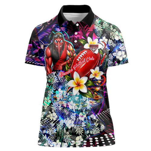 Personalized Essendon Football Bombers Women Polo Shirt Tropical Hibiscus Flowers - Pacific Fusion Style