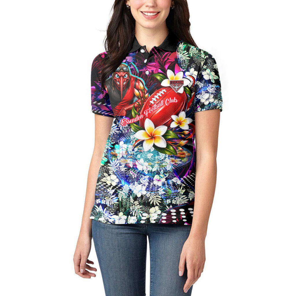 Personalized Essendon Football Bombers Women Polo Shirt Tropical Hibiscus Flowers - Pacific Fusion Style