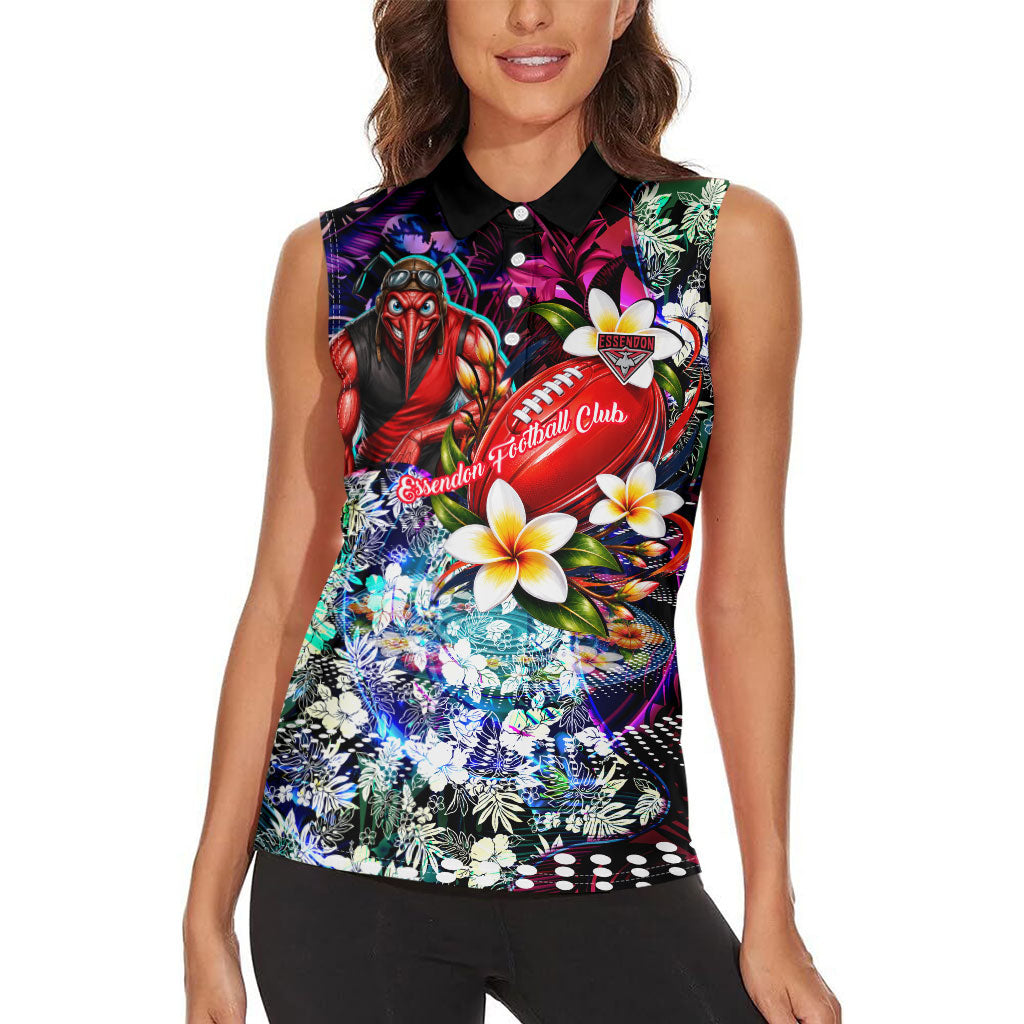 Personalized Essendon Football Bombers Women Sleeveless Polo Shirt Tropical Hibiscus Flowers - Pacific Fusion Style
