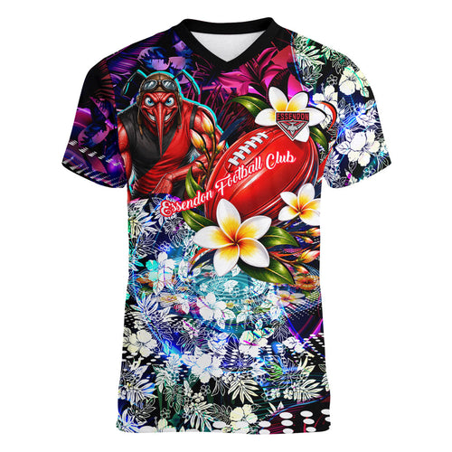 Personalized Essendon Football Bombers Women V-Neck T-Shirt Tropical Hibiscus Flowers - Pacific Fusion Style