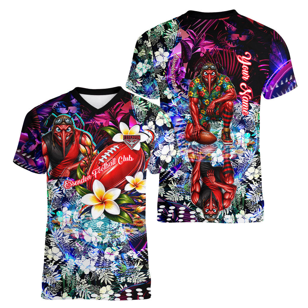 Personalized Essendon Football Bombers Women V-Neck T-Shirt Tropical Hibiscus Flowers - Pacific Fusion Style