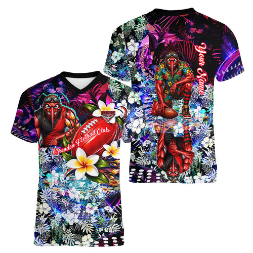 Personalized Essendon Football Bombers Women V-Neck T-Shirt Tropical Hibiscus Flowers - Pacific Fusion Style
