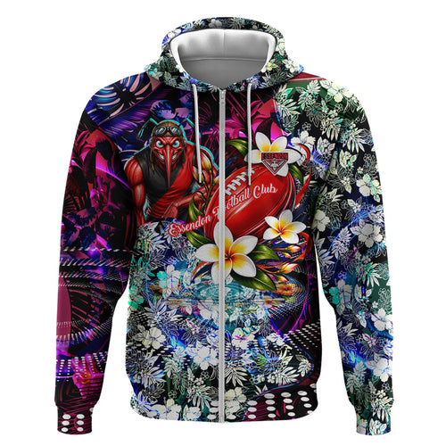 Personalized Essendon Football Bombers Zip Hoodie Tropical Hibiscus Flowers - Pacific Fusion Style