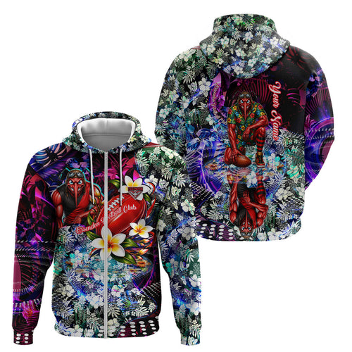 Personalized Essendon Football Bombers Zip Hoodie Tropical Hibiscus Flowers - Pacific Fusion Style