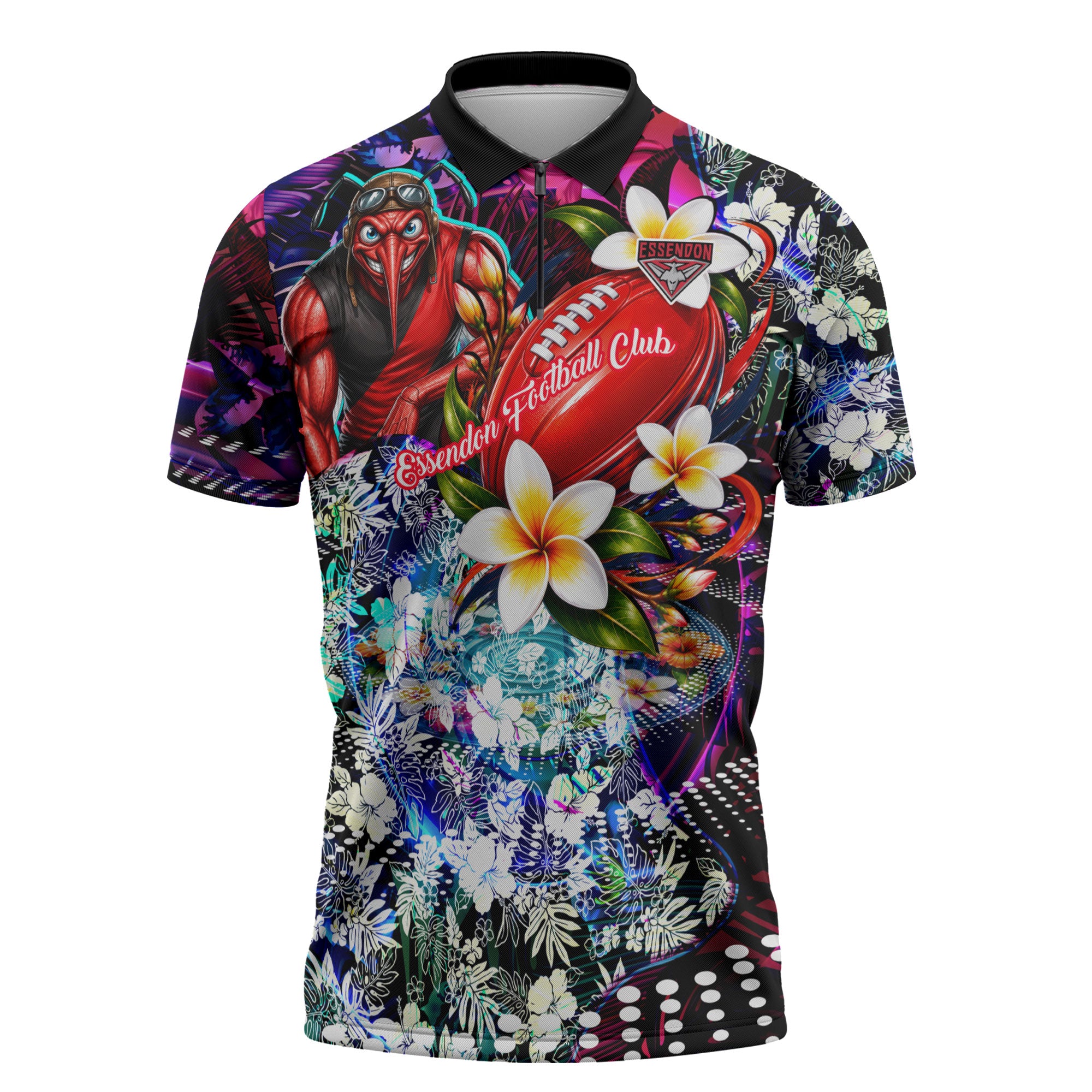 Personalized Essendon Football Bombers Zipper Polo Shirt Tropical Hibiscus Flowers - Pacific Fusion Style