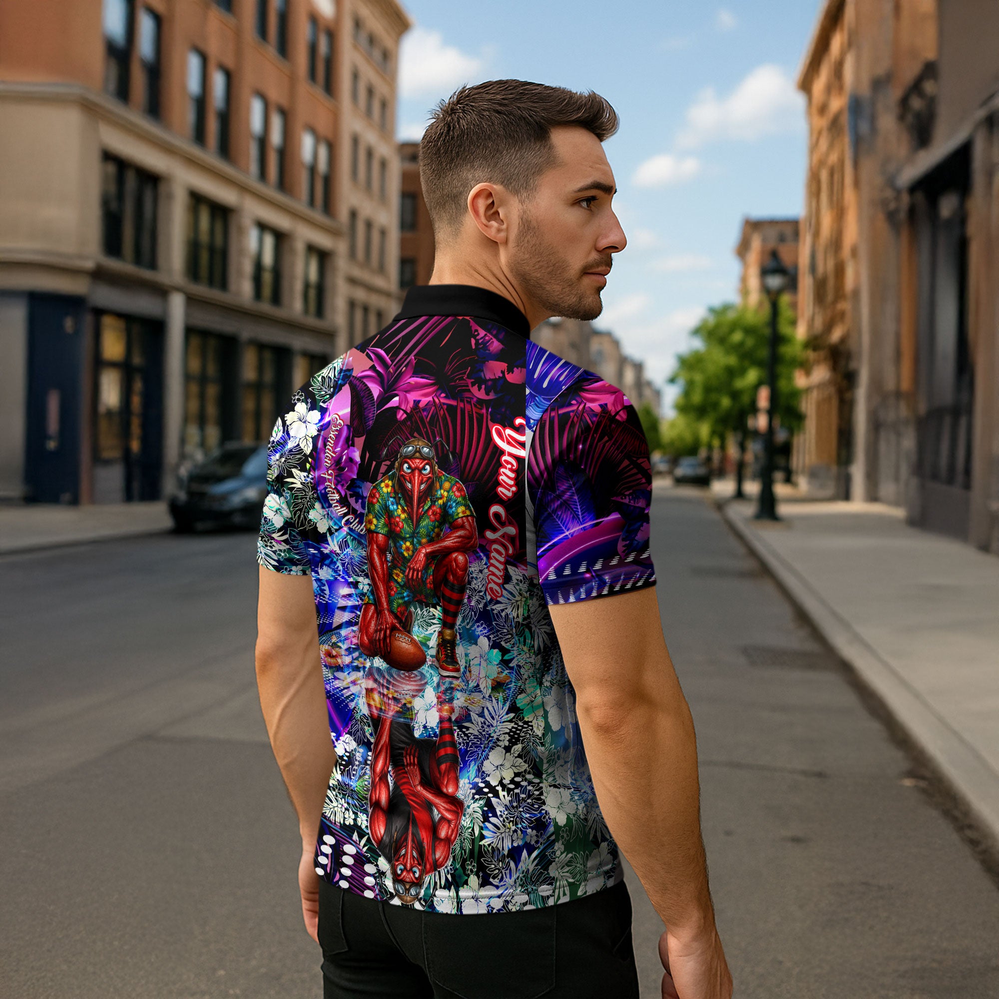 Personalized Essendon Football Bombers Zipper Polo Shirt Tropical Hibiscus Flowers - Pacific Fusion Style