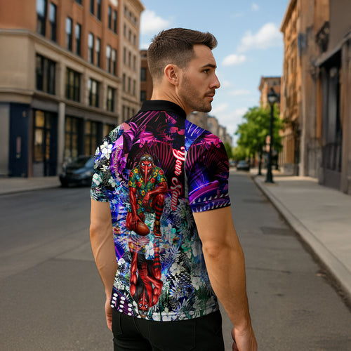 Personalized Essendon Football Bombers Zipper Polo Shirt Tropical Hibiscus Flowers - Pacific Fusion Style
