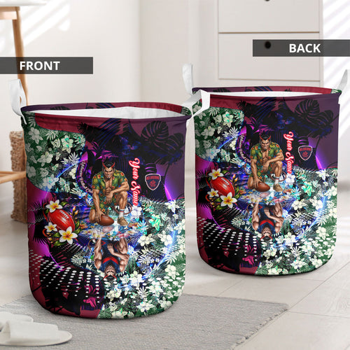 Personalized Melbourne Football Demons Laundry Basket Tropical Hibiscus Flowers - Pacific Fusion Style