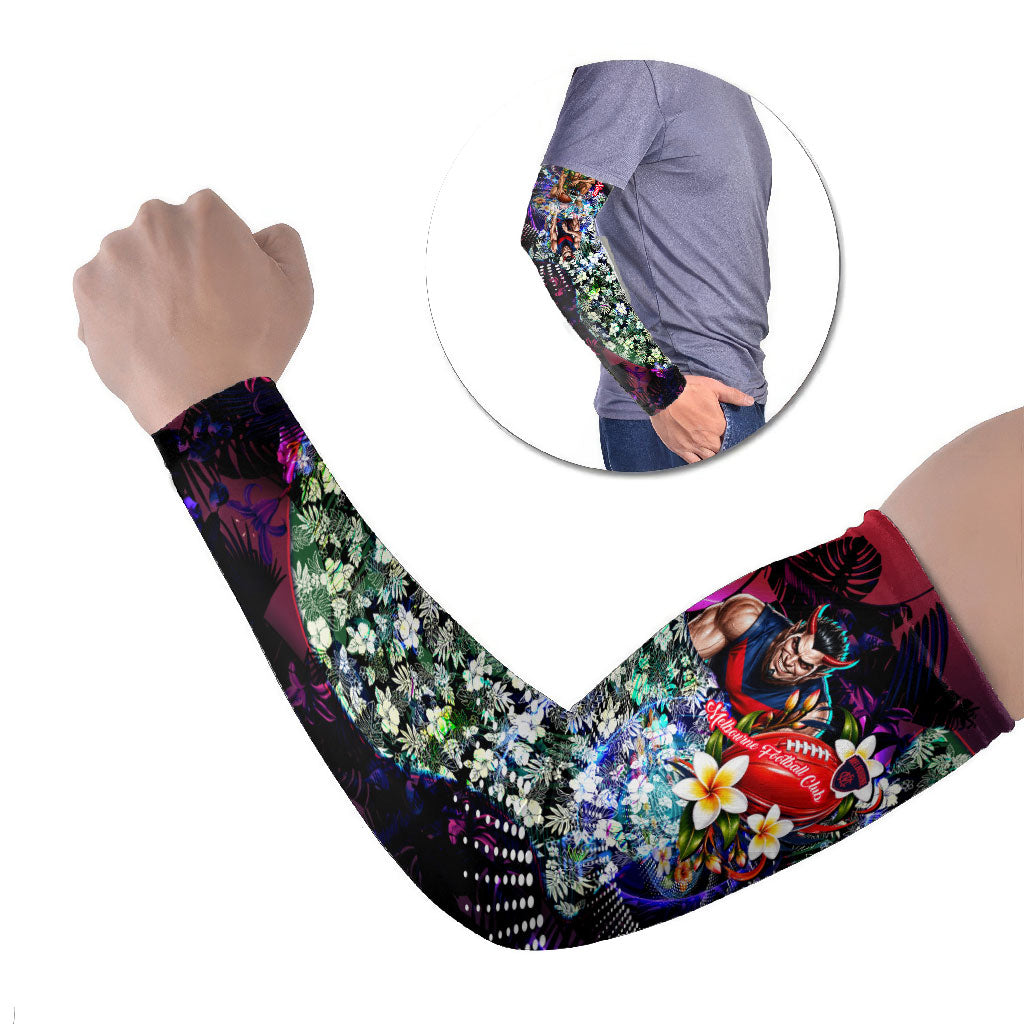 Personalized Melbourne Football Demons Arm Sleeves Tropical Hibiscus Flowers - Pacific Fusion Style