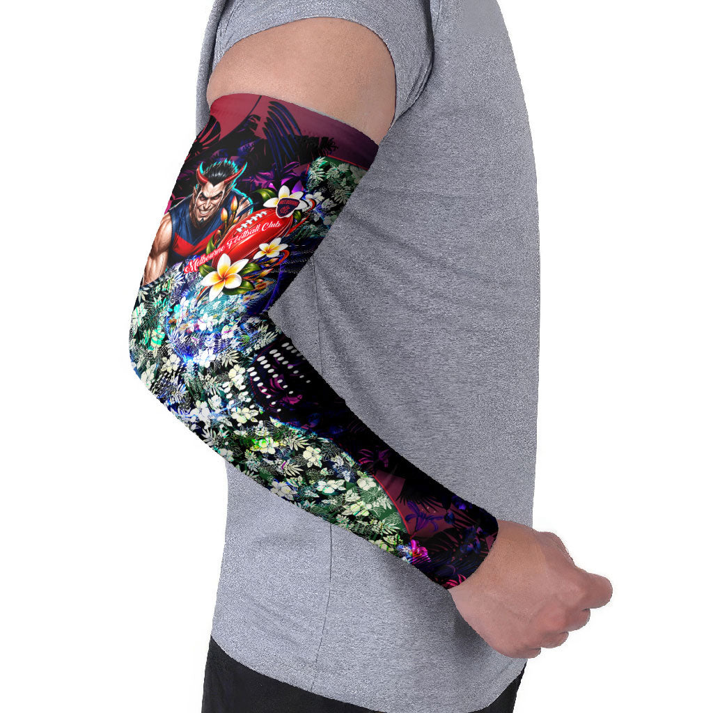 Personalized Melbourne Football Demons Arm Sleeves Tropical Hibiscus Flowers - Pacific Fusion Style