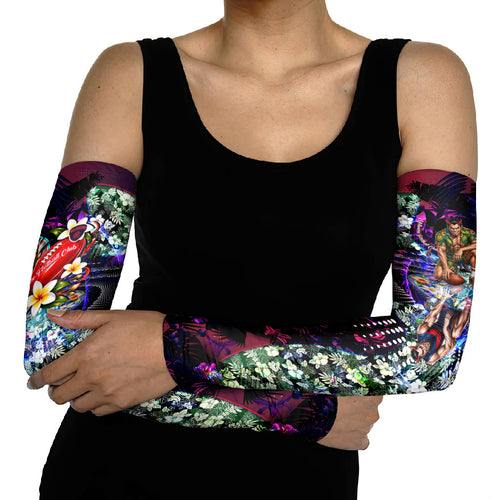 Personalized Melbourne Football Demons Arm Sleeves Tropical Hibiscus Flowers - Pacific Fusion Style