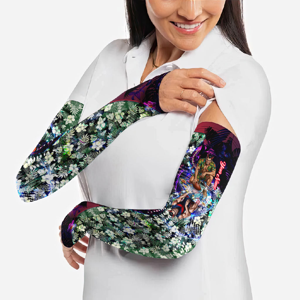 Personalized Melbourne Football Demons Arm Sleeves Tropical Hibiscus Flowers - Pacific Fusion Style