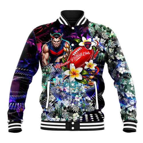 Personalized Melbourne Football Demons Baseball Jacket Tropical Hibiscus Flowers - Pacific Fusion Style