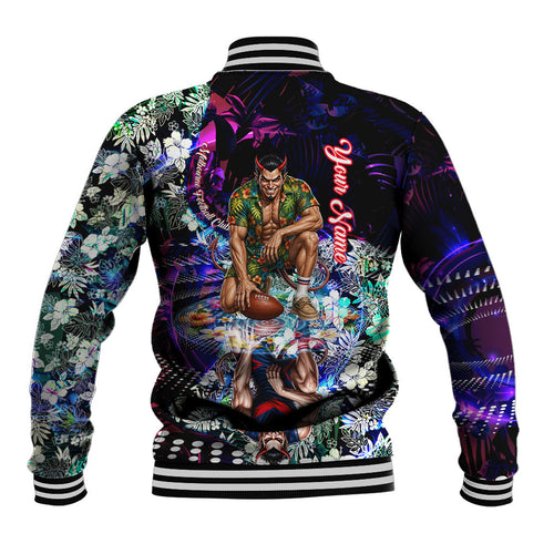 Personalized Melbourne Football Demons Baseball Jacket Tropical Hibiscus Flowers - Pacific Fusion Style