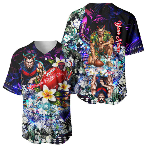 Personalized Melbourne Football Demons Baseball Jersey Tropical Hibiscus Flowers - Pacific Fusion Style