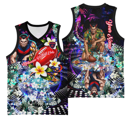 Personalized Melbourne Football Demons Basketball Jersey Tropical Hibiscus Flowers - Pacific Fusion Style
