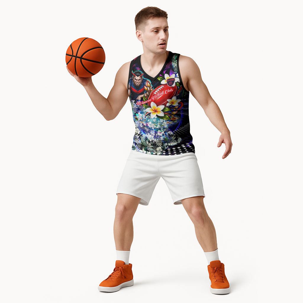 Personalized Melbourne Football Demons Basketball Jersey Tropical Hibiscus Flowers - Pacific Fusion Style