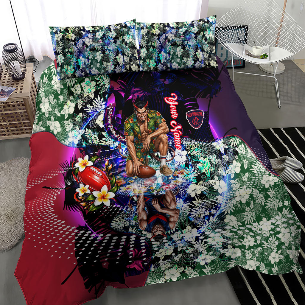 Personalized Melbourne Football Demons Bedding Set Tropical Hibiscus Flowers - Pacific Fusion Style