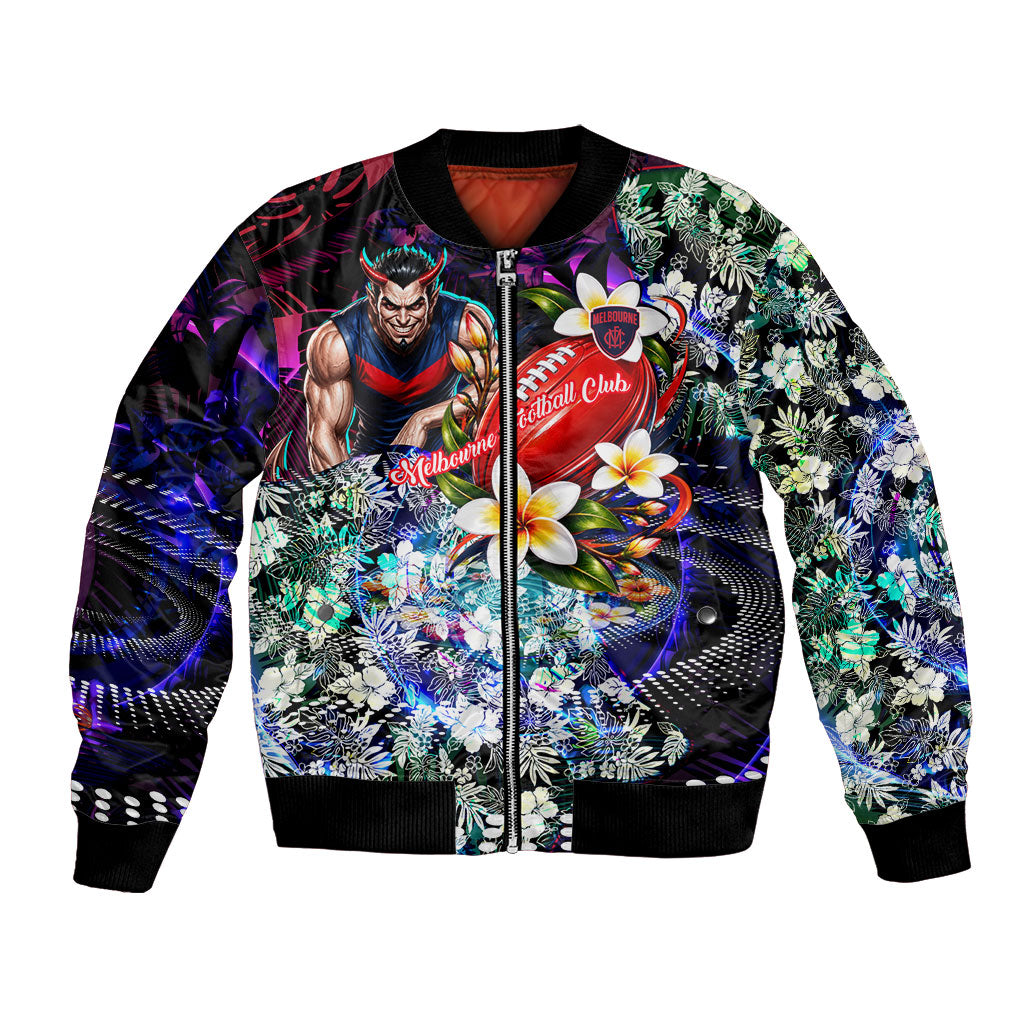 Personalized Melbourne Football Demons Bomber Jacket Tropical Hibiscus Flowers - Pacific Fusion Style