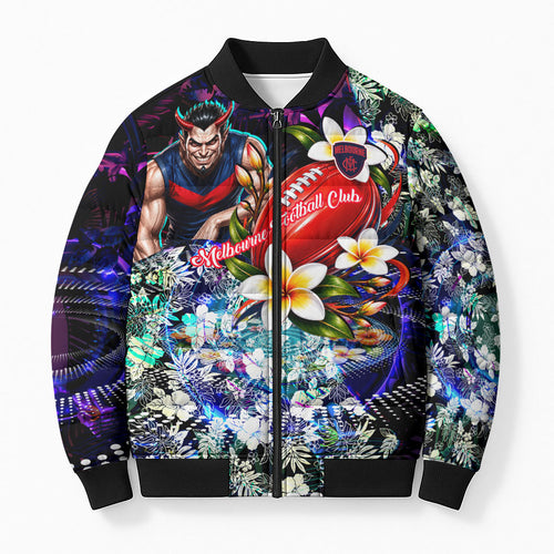 Personalized Melbourne Football Demons Bomber Puffer Jacket Tropical Hibiscus Flowers - Pacific Fusion Style