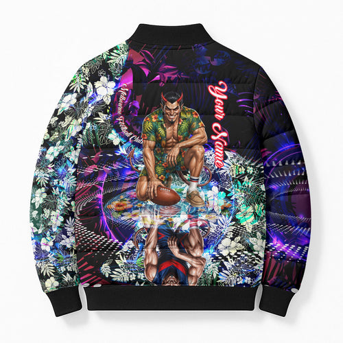Personalized Melbourne Football Demons Bomber Puffer Jacket Tropical Hibiscus Flowers - Pacific Fusion Style