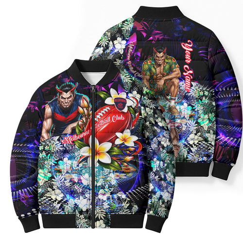 Personalized Melbourne Football Demons Bomber Puffer Jacket Tropical Hibiscus Flowers - Pacific Fusion Style