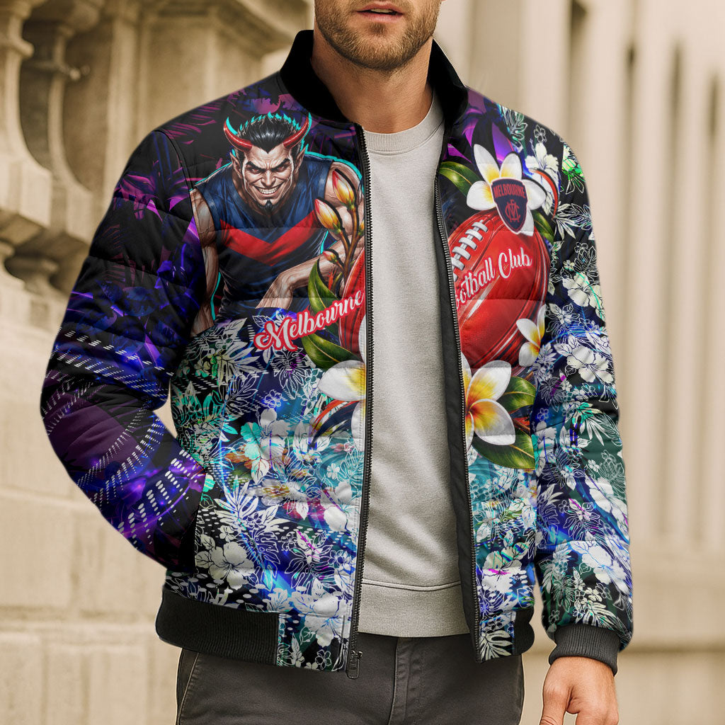 Personalized Melbourne Football Demons Bomber Puffer Jacket Tropical Hibiscus Flowers - Pacific Fusion Style