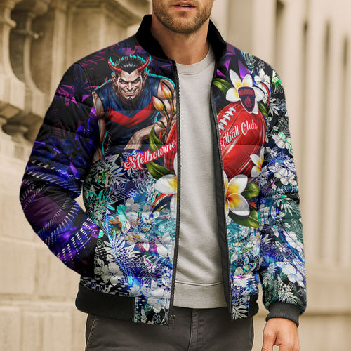 Personalized Melbourne Football Demons Bomber Puffer Jacket Tropical Hibiscus Flowers - Pacific Fusion Style