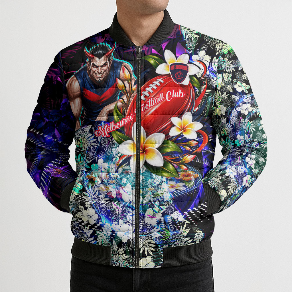 Personalized Melbourne Football Demons Bomber Puffer Jacket Tropical Hibiscus Flowers - Pacific Fusion Style