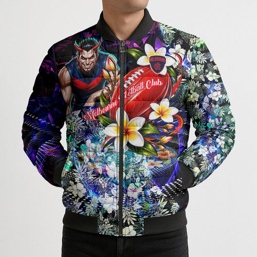Personalized Melbourne Football Demons Bomber Puffer Jacket Tropical Hibiscus Flowers - Pacific Fusion Style
