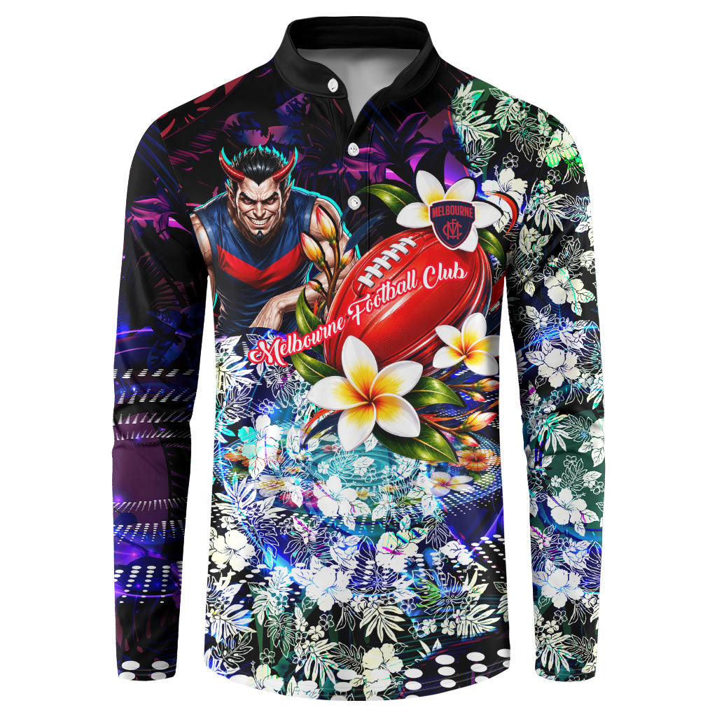 Personalized Melbourne Football Demons Button Sweatshirt Tropical Hibiscus Flowers - Pacific Fusion Style