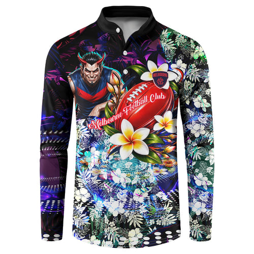 Personalized Melbourne Football Demons Button Sweatshirt Tropical Hibiscus Flowers - Pacific Fusion Style