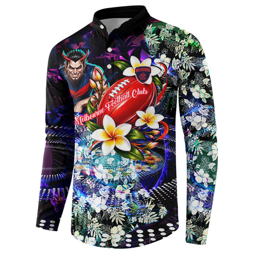 Personalized Melbourne Football Demons Button Sweatshirt Tropical Hibiscus Flowers - Pacific Fusion Style