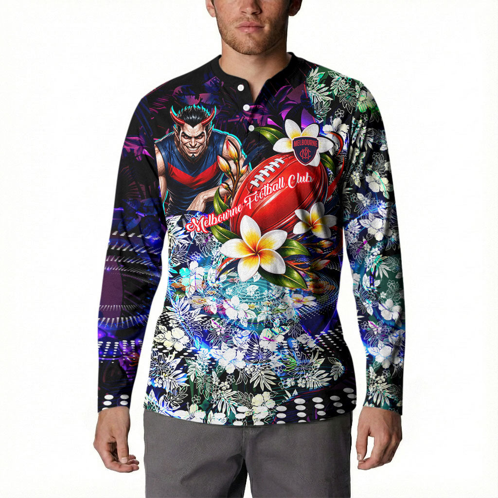 Personalized Melbourne Football Demons Button Sweatshirt Tropical Hibiscus Flowers - Pacific Fusion Style