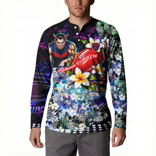 Personalized Melbourne Football Demons Button Sweatshirt Tropical Hibiscus Flowers - Pacific Fusion Style