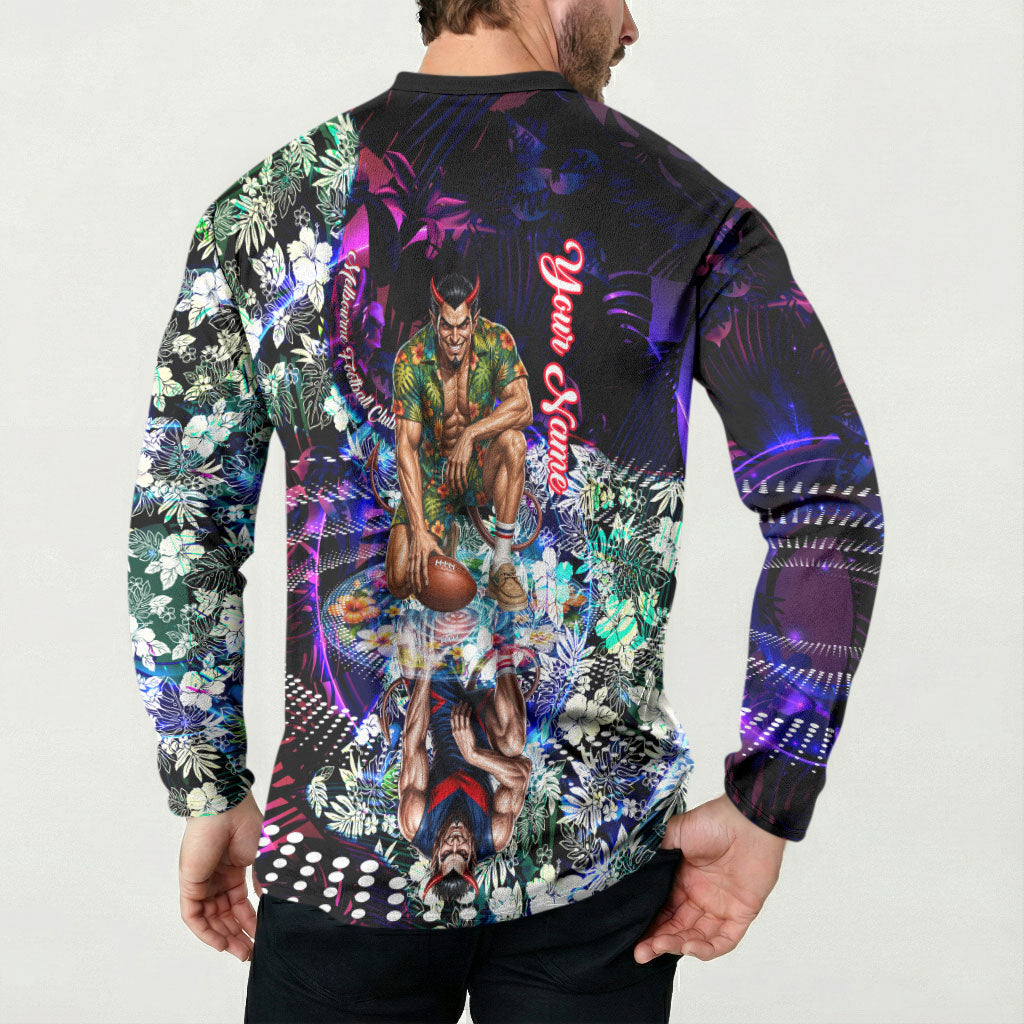 Personalized Melbourne Football Demons Button Sweatshirt Tropical Hibiscus Flowers - Pacific Fusion Style