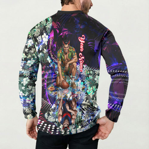 Personalized Melbourne Football Demons Button Sweatshirt Tropical Hibiscus Flowers - Pacific Fusion Style