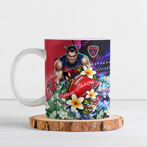 Personalized Melbourne Football Demons Ceramic Mug Tropical Hibiscus Flowers - Pacific Fusion Style