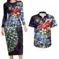 Personalized Melbourne Football Demons Couples Matching Long Sleeve Bodycon Dress and Hawaiian Shirt Tropical Hibiscus Flowers - Pacific Fusion Style