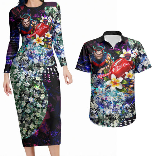 Personalized Melbourne Football Demons Couples Matching Long Sleeve Bodycon Dress and Hawaiian Shirt Tropical Hibiscus Flowers - Pacific Fusion Style