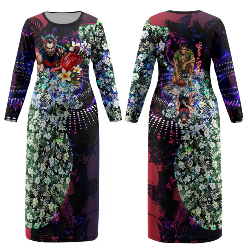 Personalized Melbourne Football Demons Couples Matching Long Sleeve Bodycon Dress and Hawaiian Shirt Tropical Hibiscus Flowers - Pacific Fusion Style