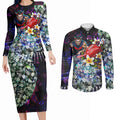 Personalized Melbourne Football Demons Couples Matching Long Sleeve Bodycon Dress and Long Sleeve Button Shirt Tropical Hibiscus Flowers - Pacific Fusion Style